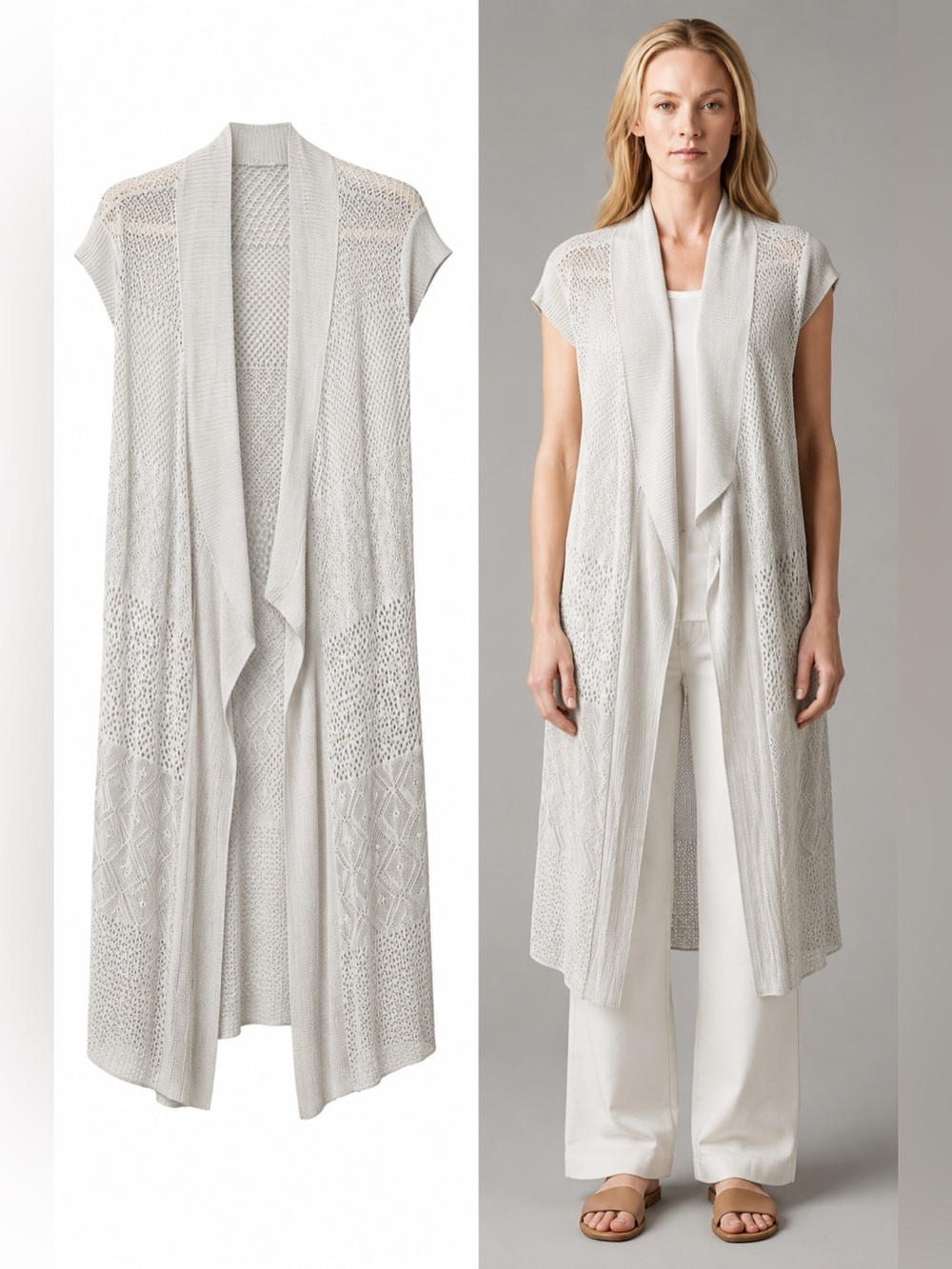 NEW $238 Eileen Fisher Long Open Cardigan Sweater Silk Cap Sleeve Bone inv10